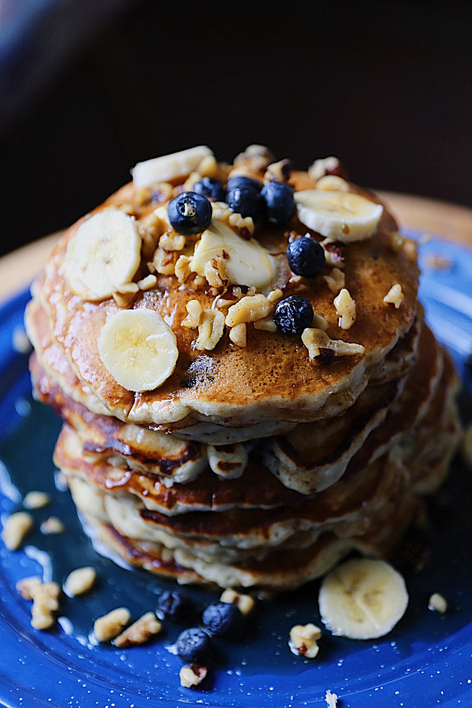 Blueberry, Banana and Walnut Pancakes - Blueberry, Banana, Maple Syrup and Coconut Oil Puree